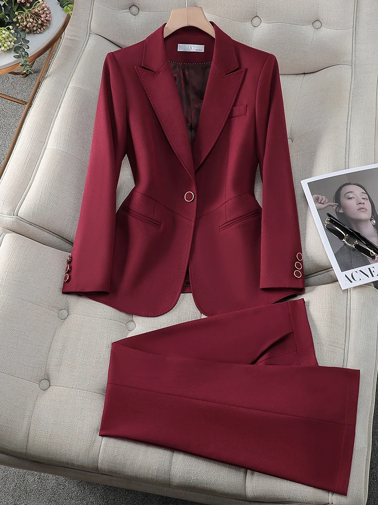 

Винно-красный женский пиджак для осени и зимы, профессиональная униформа для ведущих, элегантный деловой стиль, формальный костюм для карьеры, комплект.