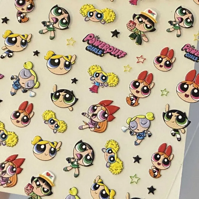 Naklejki do manicure Powerpuff Girls tłoczone trójwymiarowe japońskie urocze dziewczyny dziewczyna serce samoprzylepne naklejki do zdobienia paznokci diy