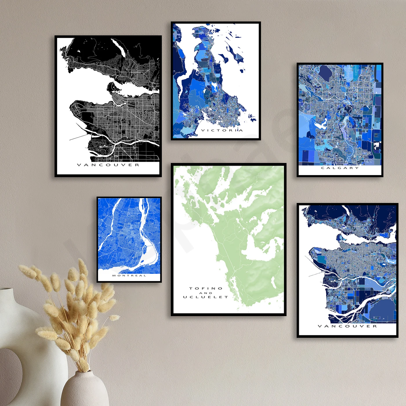 توفينو مونتريال فانكوفر إدمونتون كالغاري فيكتوريا. خريطة ألوان شارع المدينة. هدايا السفر. ملصق فني لتزيين جدران المنزل