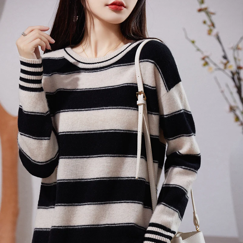 

Fashion Basic 100% Merino Wool Straight Dress Women O-Neck Stripe Dress Soft Long Sleeves Clothing Comfortable Simple Leisure