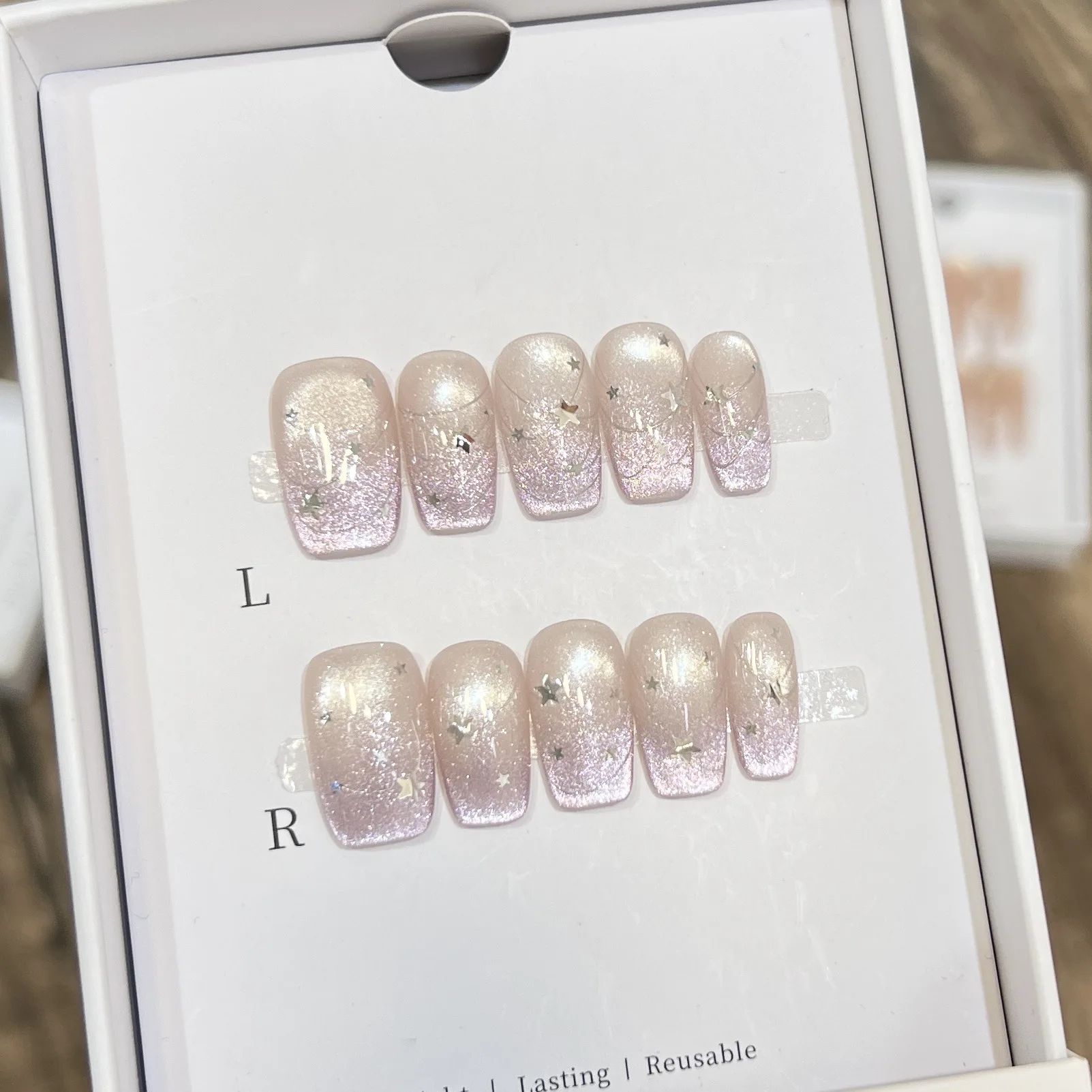 

10 шт. французских синих глянцевых накладных ногтей с цветочным узором, короткие квадратные искусственные ногти с эффектом кошачьего глаза для самостоятельного маникюра, использования в салонах красоты и на свиданиях