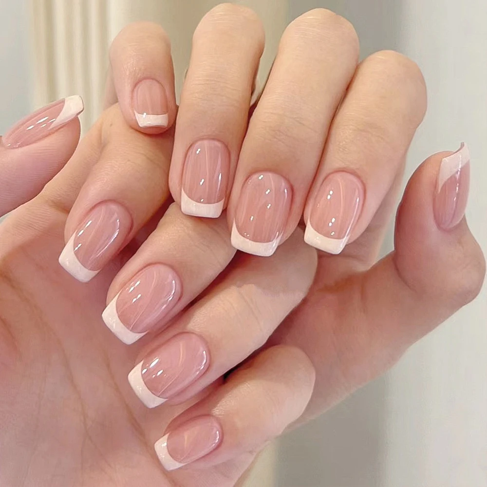 120Pcs=24*5 French Short Square Coffin Fałszywe paznokcie White Pink Simple Wearable Fake Nails Glossy Full Cover Press on Nail Tips Art — zdjęcie 3