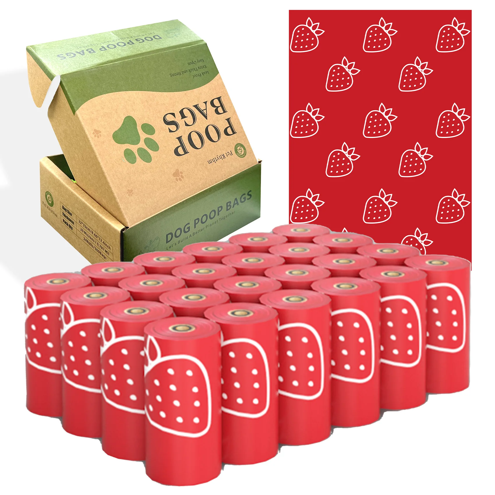 Bolsa de heces para perros fotodegradable y gruesa con fragancia de fresa y dispensador de bolsa de heces para mascotas a prueba de fugas