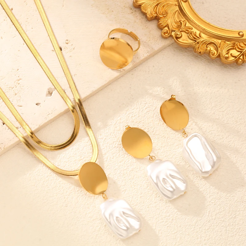 EILIECK 316L Stainless Steel Vintage Teardrop Pearls Necklace Earrings Ring Set Trendy Waterproof Gold Color Jewelry For Women