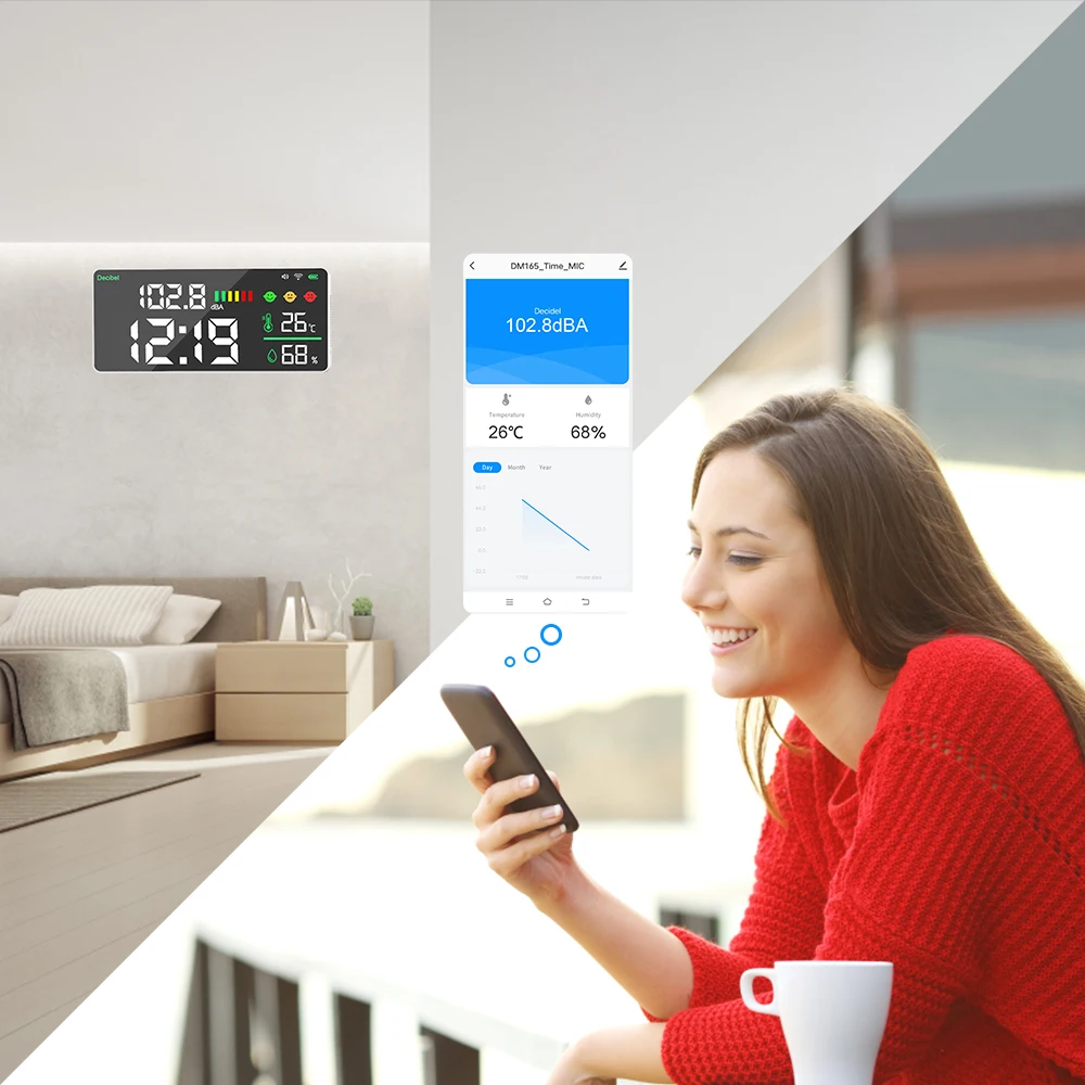DM165 WiFi Wall-Mounted Carbon Dioxide Detector Noise Tester with Temperature Humidity Meter for Bedroom Classroom Office Use