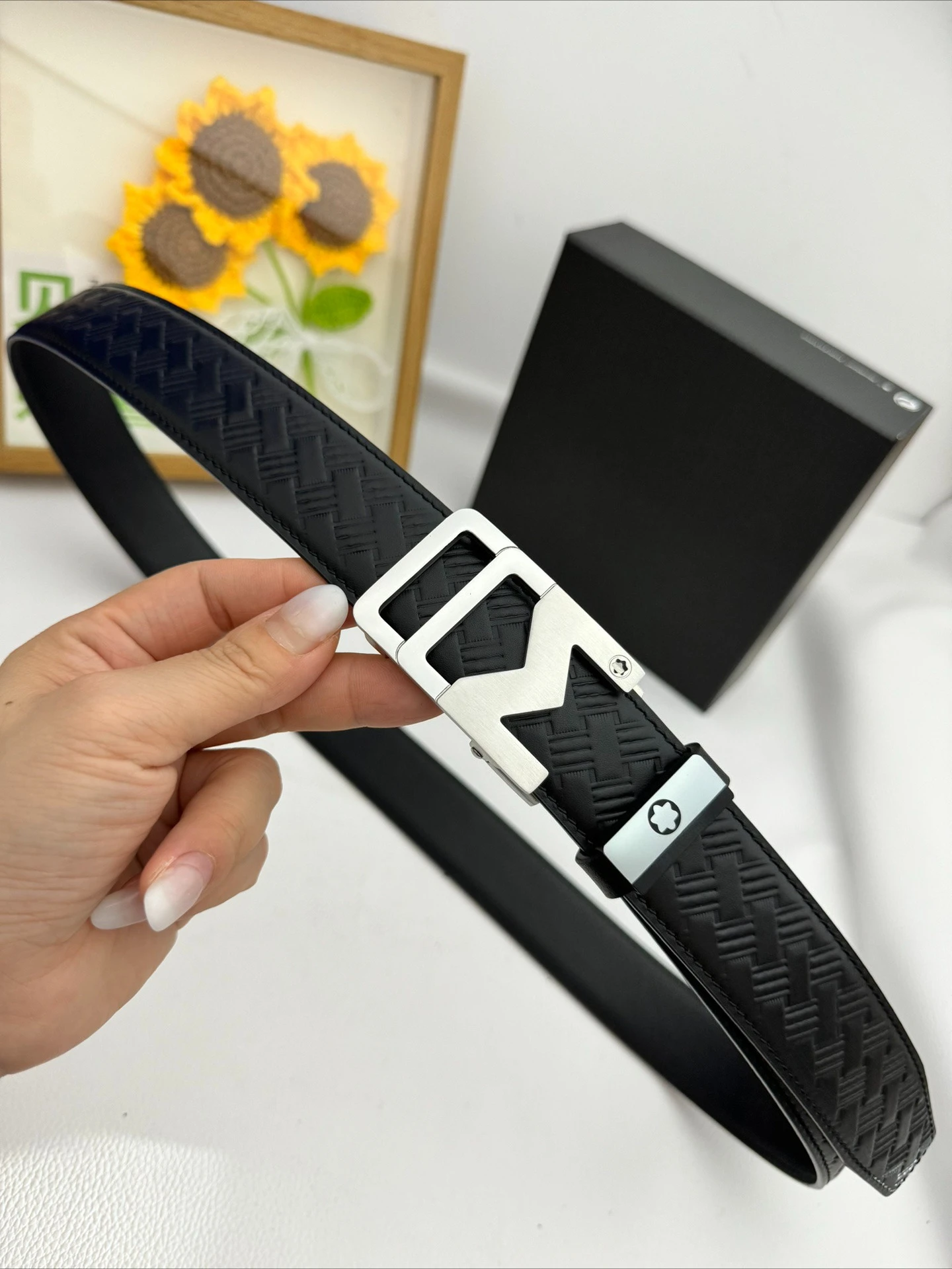 Men's Leather Belts Genuine Cowhide Automatic Buckle Belt 3.5cm Adjustable Cut to Size Black Textured Dress Belt Gift for Men