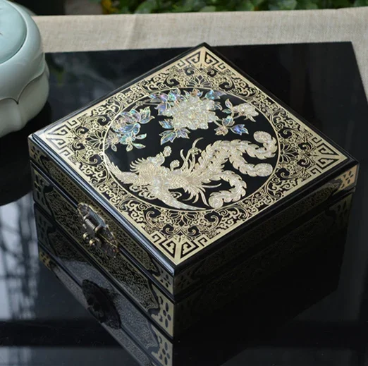Pingyao Polished Lacquerware Jewelry Box, Vintage Copper Wire Filigree&Shell Inlay, High Gloss Piano Finish Trinket Storage Case