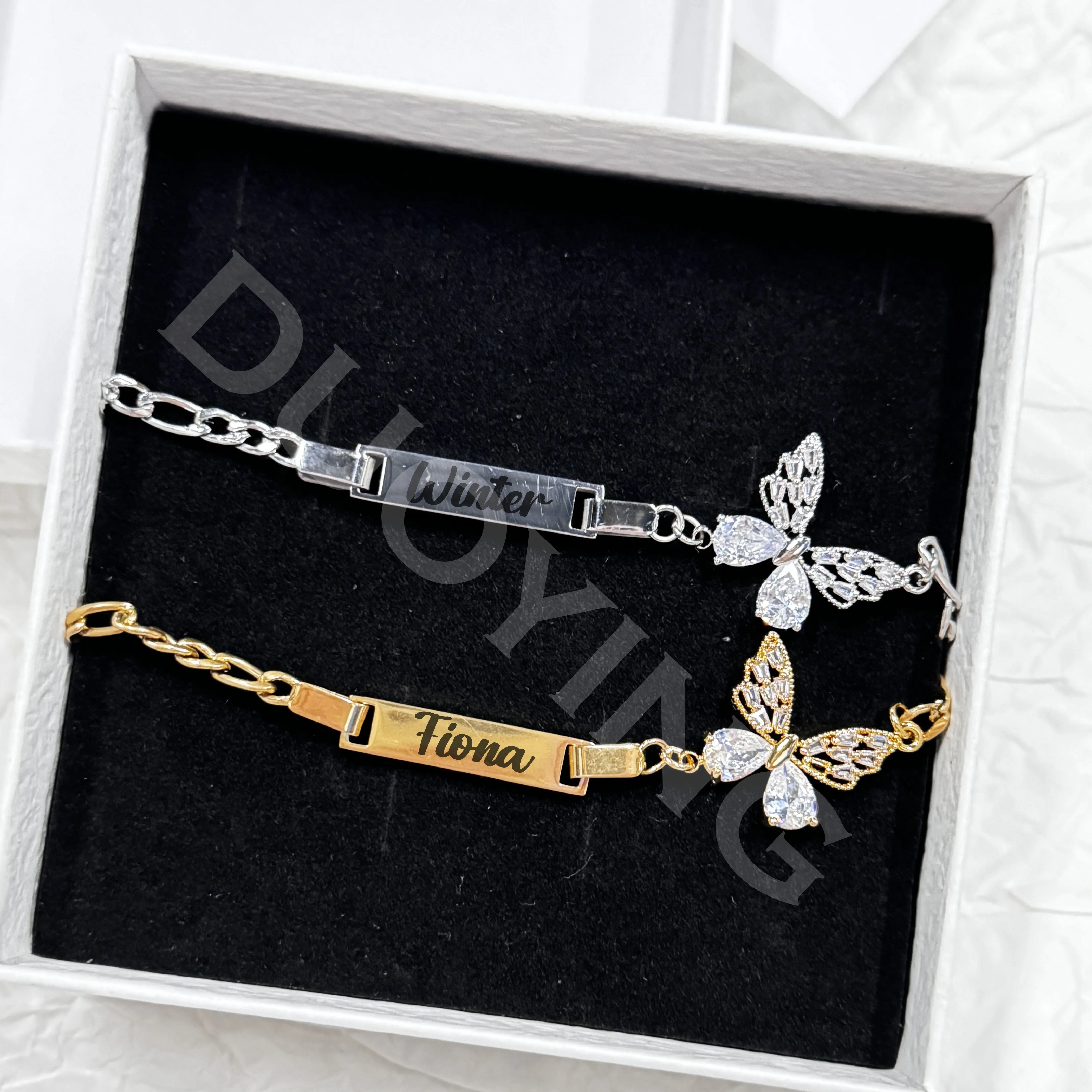 

DUOYING Butterfly Nameplate Bracelet Zirconia Customized Engraved Name Bar Bracelet Stainless Steel For Kids Jewelry Gift