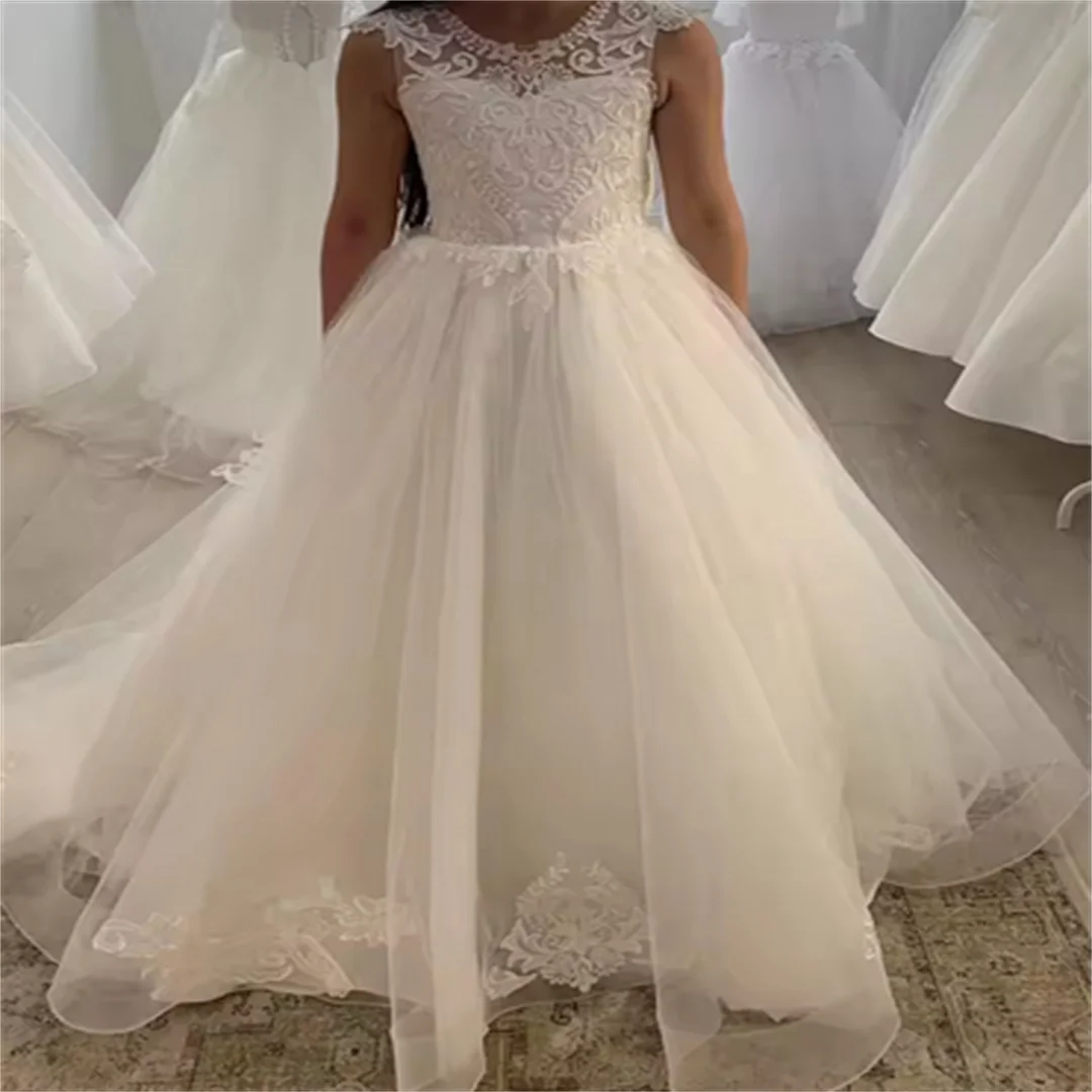 Communion Dress Blush Pink Ivory Flower Girl Dress Communion Ball Gown Bow Satin Sleeveless Party Dresses for Girls Holiday Dres