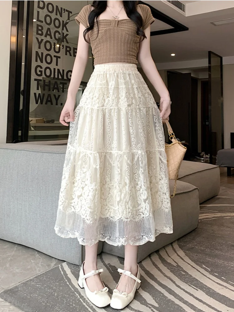 

SMTHMA французская новая весенне-летняя кружевная юбка с вышивкой для женщин, милая юбка трапециевидной формы с высокой талией, кружевная элегантная юбка средней длины