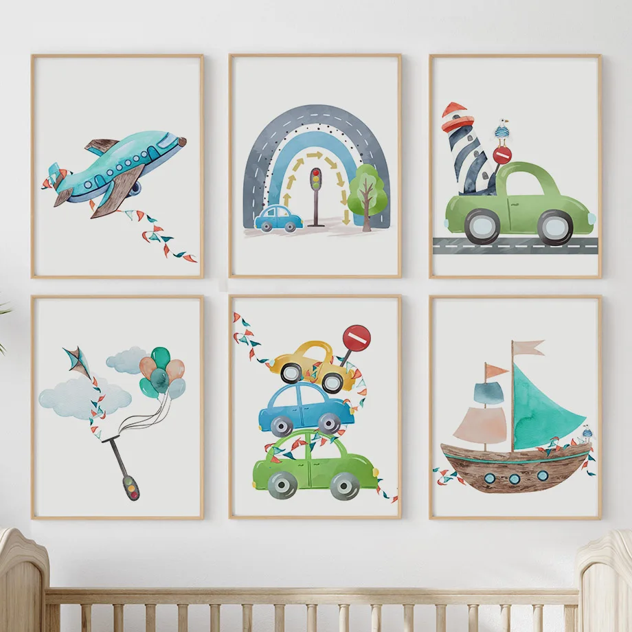 

Cartoon Car Boat Airplane Oar Rainbow Nursery Wall Art Mural Canvas Painting Poster Print Pictures For Baby Kids Room Home Decor