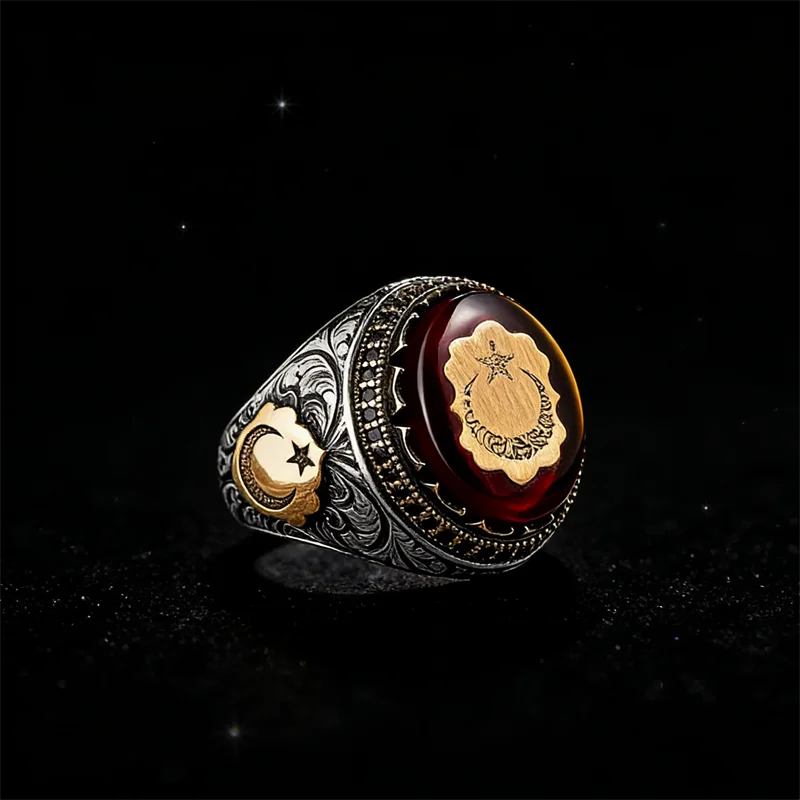Retro Handgemaakte Turkse Ring Voor Mannen Vintage Zilveren Kleur Rood Zirkoon Ringen Punk Trendy Islamitische Religieuze Moslim Sieraden