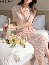 Korejpaa Knitwear Summer Dress Korean Fashion Gentle Pink Turn-down Collar Bodycon Dresses Women Solid Sweet Vestidos Femme