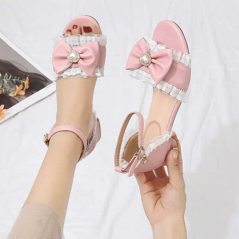 ASILETO Lolita Style Sweet Girls Sandals Open Toe Block Heels 3cm Buckle Strap Bowknot Plus Size 41 42 43 Daily Shoes Spring