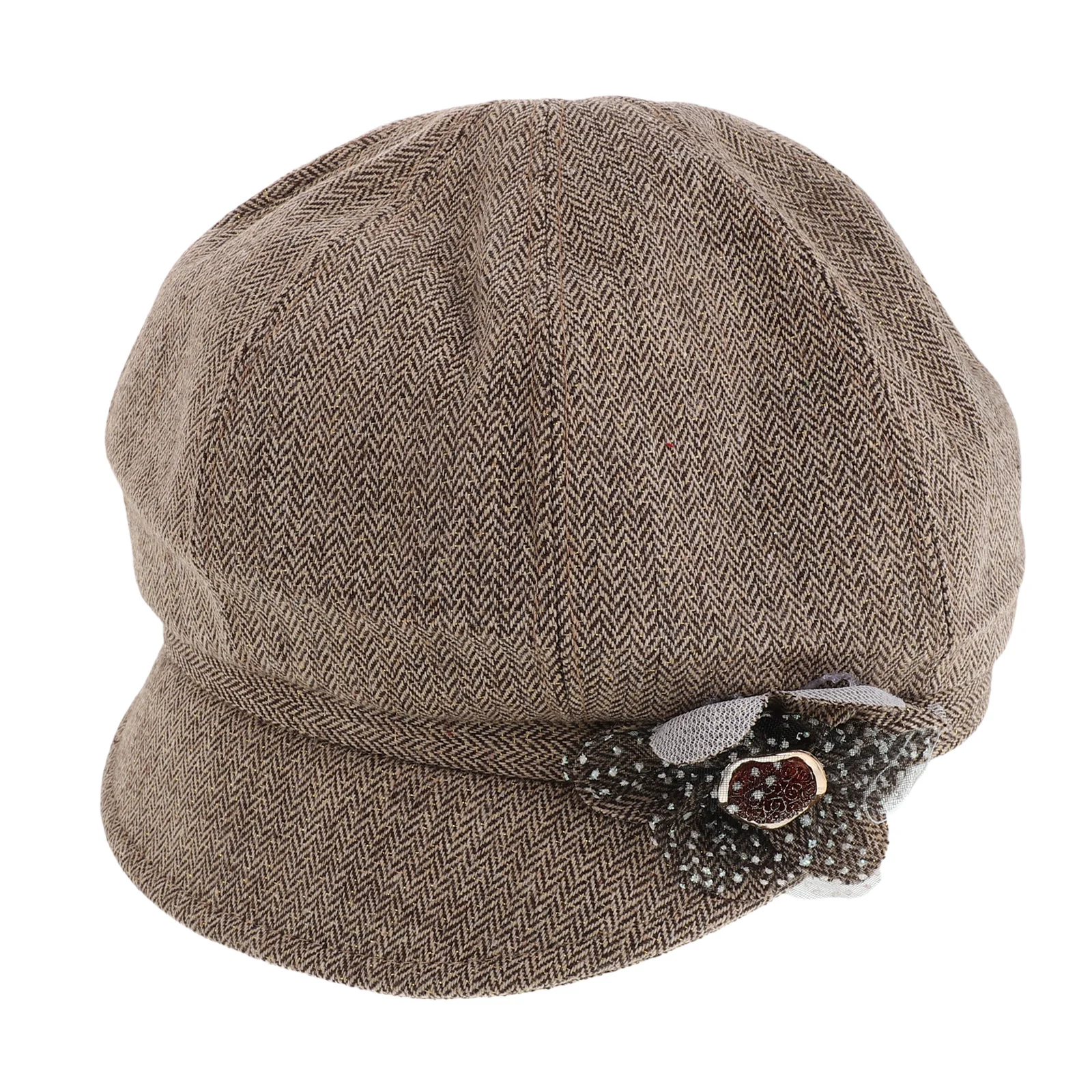 

Khaki Beret Hat for Women with Floral Accent French Style Vintage Autumn Winter Newsboy Cap Adjustable 56-59Cm