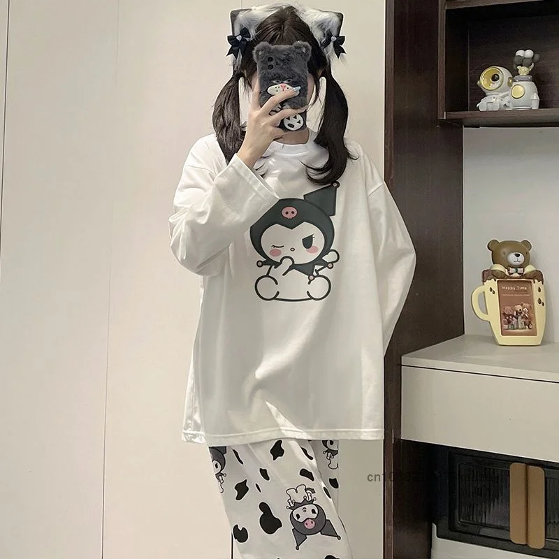 Sanrio Kuromi New Pure Cotton Round Neck Cartoon Sleepwear Cute Sweet Long Sleeve Pajamas Korean Style Loose Casual Home Clothes