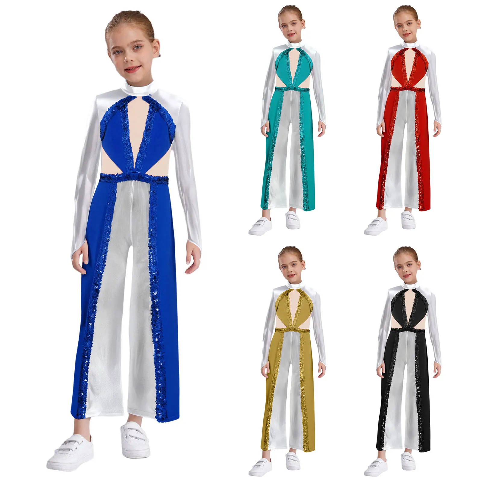 Mädchen 70er Jahre Disco-Overall für Kinder, glänzende Pailletten, lange Hosen, Kontrastfarben-Body für lateinamerikanische Jazz-Bllroom-lyrische Tanzaufführung