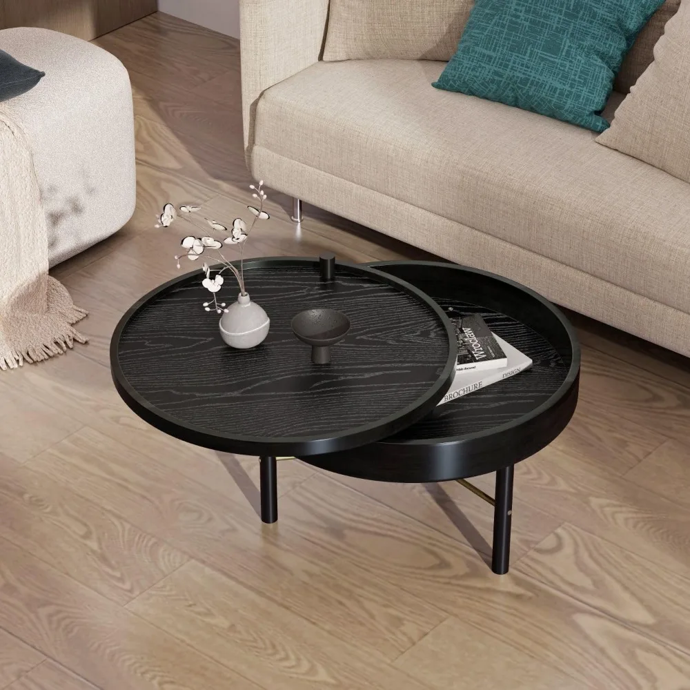Rustic Modern 24 Inch Round Wood Coffee Table with Storage and Rotating Tray for Living Room - Perfect for Cocktails and Vintagi