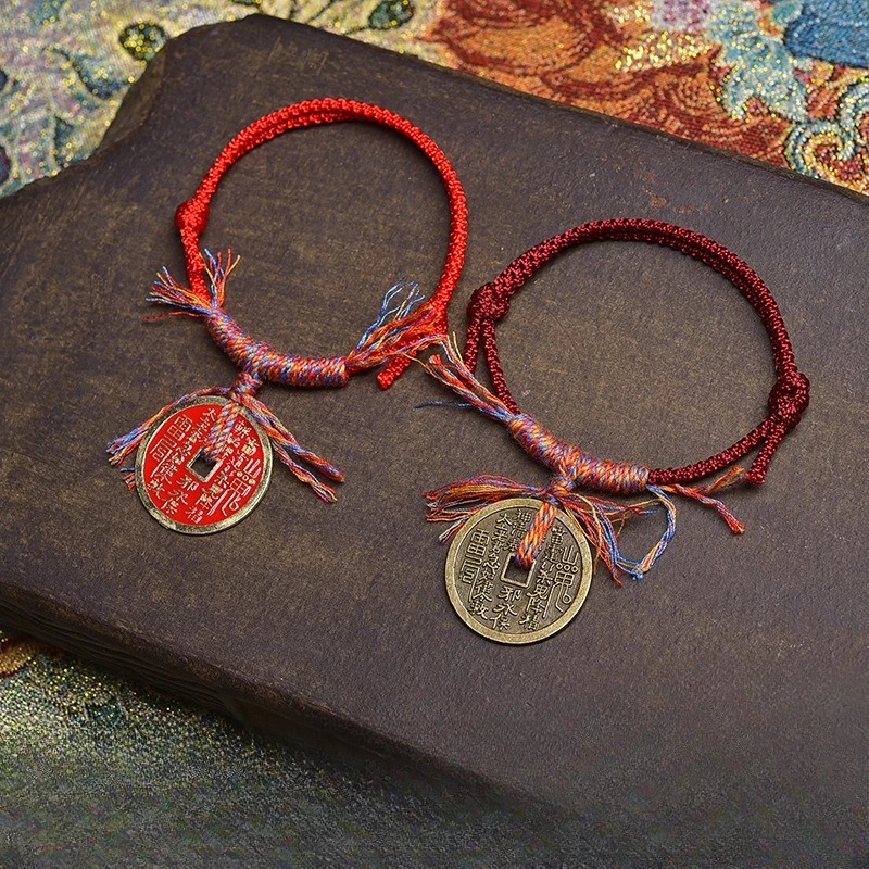 style mountain ghost spending bracelet with cinnabar handmade bracelet, vintage copper coins, red rope, couple's hand rope
