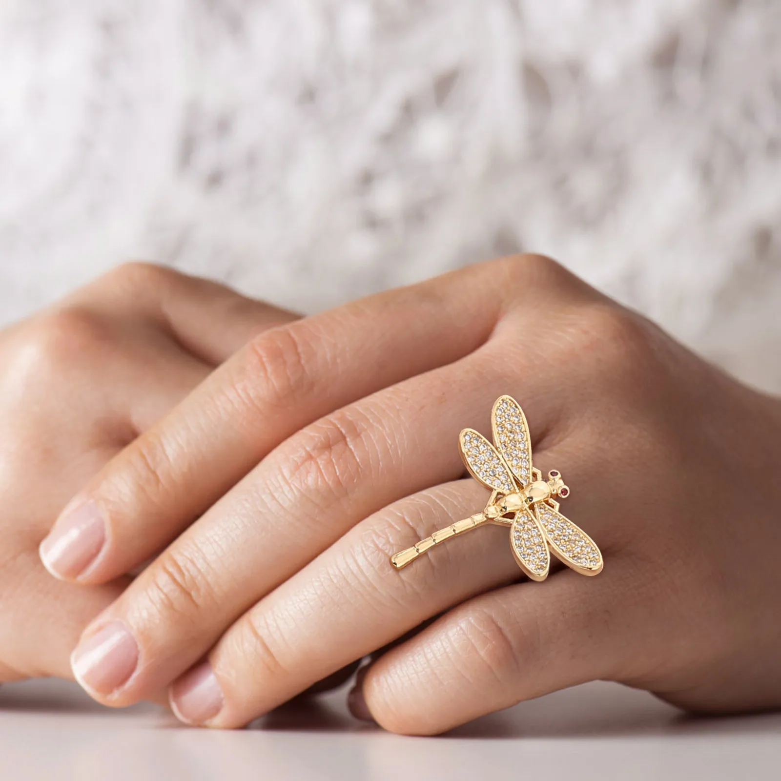 خاتم اليعسوب مطلي بالذهب خاتم مفتوح قابل للتعديل للنساء مكعب زركونيا مجوهرات الأزياء ملابس الزفاف اليومية #3