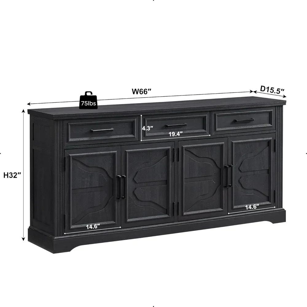 TV cabinet suitable for maximum 75 inch TV, with 4 doors and 3 drawers, suitable for living room, black