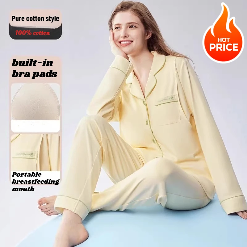 

Postpartum Woman Lactation Clothes Long Pants Sleeves Set Pajamas Nursing Suits Fashion Print Maternity Feeding Nightgown Cotton