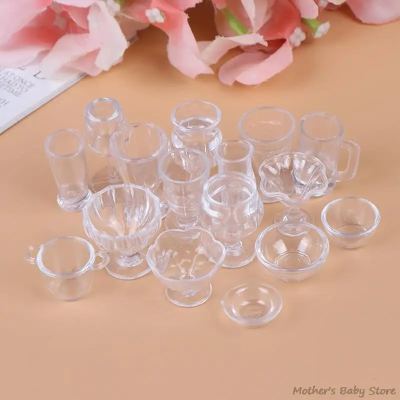 Tasses transparentes maison de courses, 17 pièces/ensemble, 1:12, cuisine britannique, jouets, mini clics standardiser pour poupées, bricolage, semblant de jouer