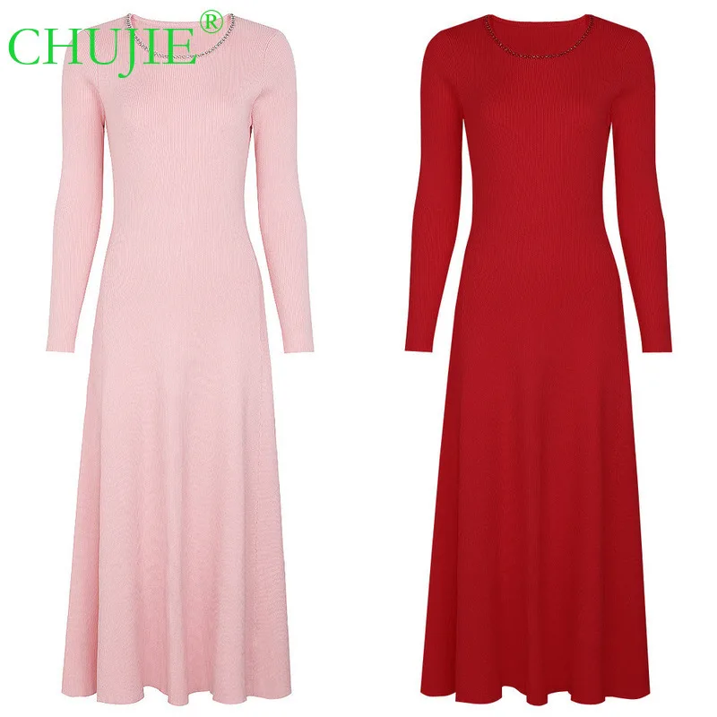 

CHUJIE 2025 Spring / Autumn New Fashion Knitted Heavy Work Pearl Decorated Figure Flattering And Slimming Long Sleeve Dress