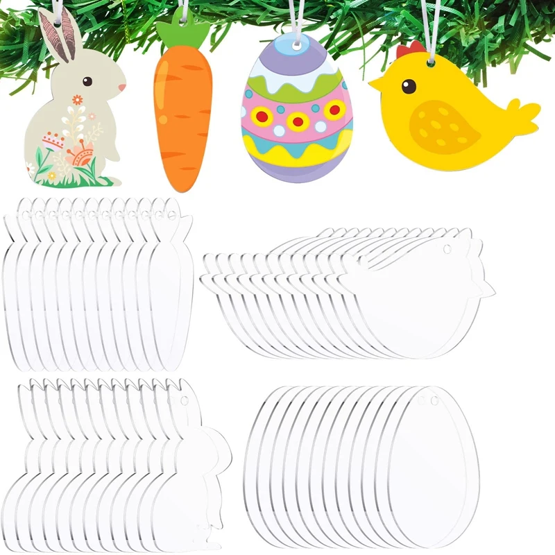 48Pcs Acrylic Easter Ornament Blanks Hanging Tree Ornaments Clear Bunny Chick Egg Carrot For Easter DIY Craft