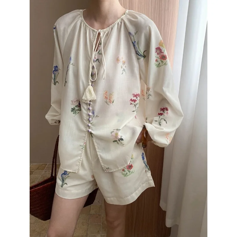 

White Floral Print Blouse With Tie And Shorts Midi Skirt Three Piece Set Boho Long Sleeve Button Down Top Casual For Women 029T