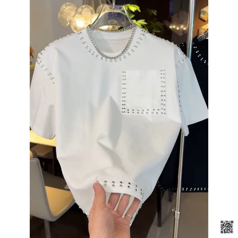 

Модная мужская новая футболка Fried Street с тяжелыми заклепками и короткими рукавами, студенческая корейская версия, свободная облегающая блузка большого размера