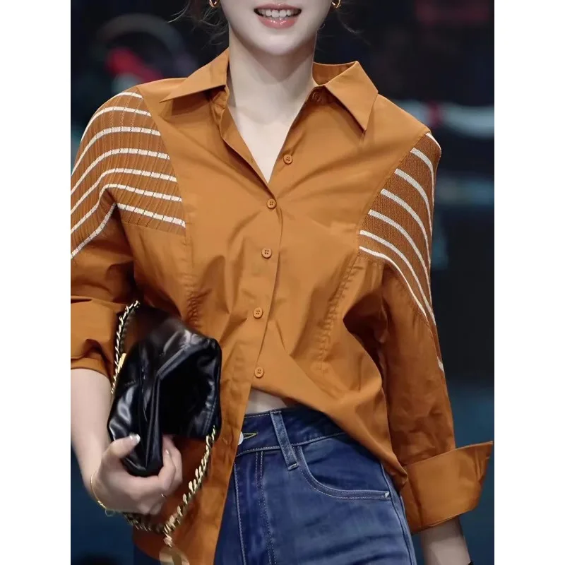 세련되고 우아한 스트라이프 배색 싱글 브레스티드 긴팔 셔츠, 독특하고 시크한 루즈핏 탑