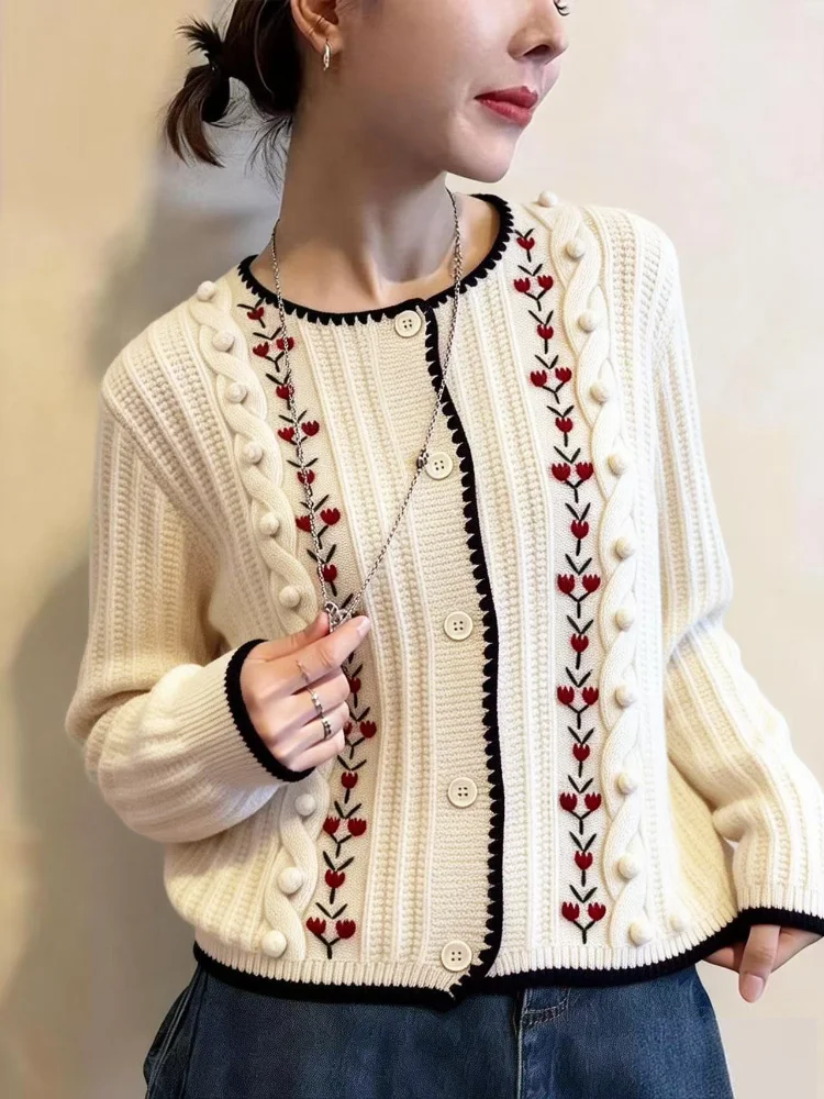 

Тяжелый вязаный длинный кардиган све, женский модный мягкий вязаный свитер с вышивкой и открытой передней частью, возрастной топ