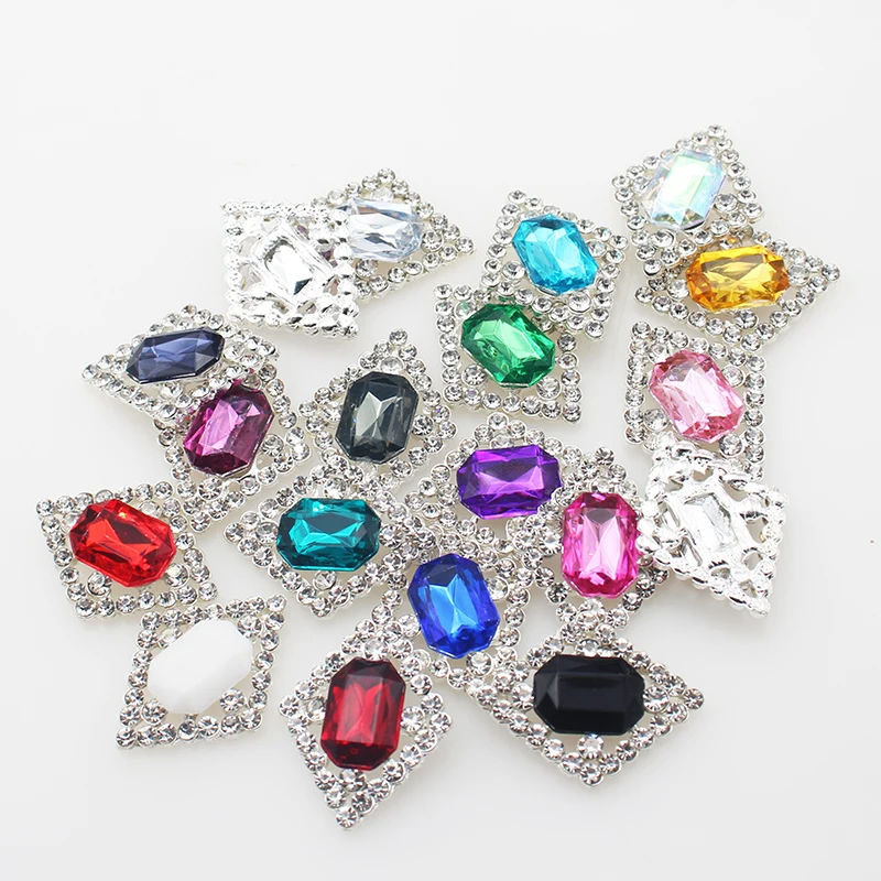 Brand New 10 Pack 30*23mm Rectangular Metal Rhinestone Flat Bottom Buttons for DIY Wedding Clothing Decorative Accessories