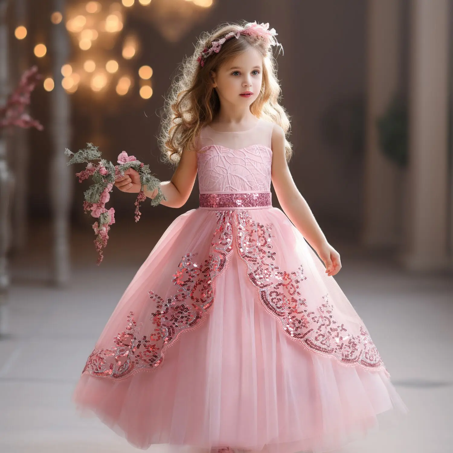 Elegant Flower Girls Wedding Party Dress Sequin Appliques Lace Dress Bridesmaid Banquet First Communion Gown Long Gown Teen Girl