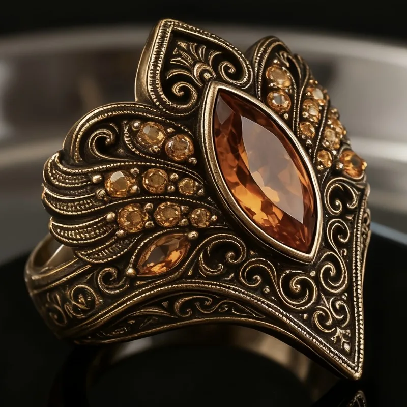 Vintage Oxidized Brass Wide Statement Ring Marquise Amber Crystal Ornate Scroll Wing Engraved Large Cocktail Ring Retro Antique