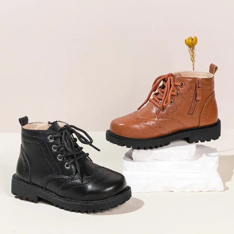 

Spring Autumn Kids Leather Boots Outdoor Boys Causal Ankle Boots Round-toe Versatile Children Boots for Girls Trend Solid Color