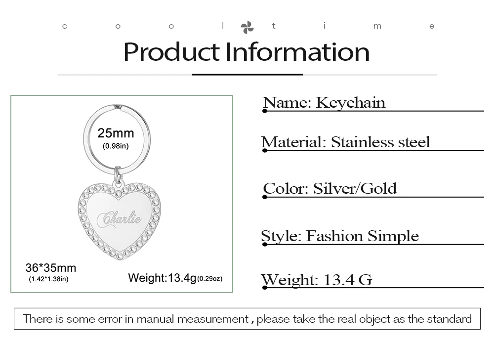 COOLTIME Heart Custom Engraved Keychain Stainless Steel Personalized Love Heart Custom Keychain Jewelry Bag Accessories