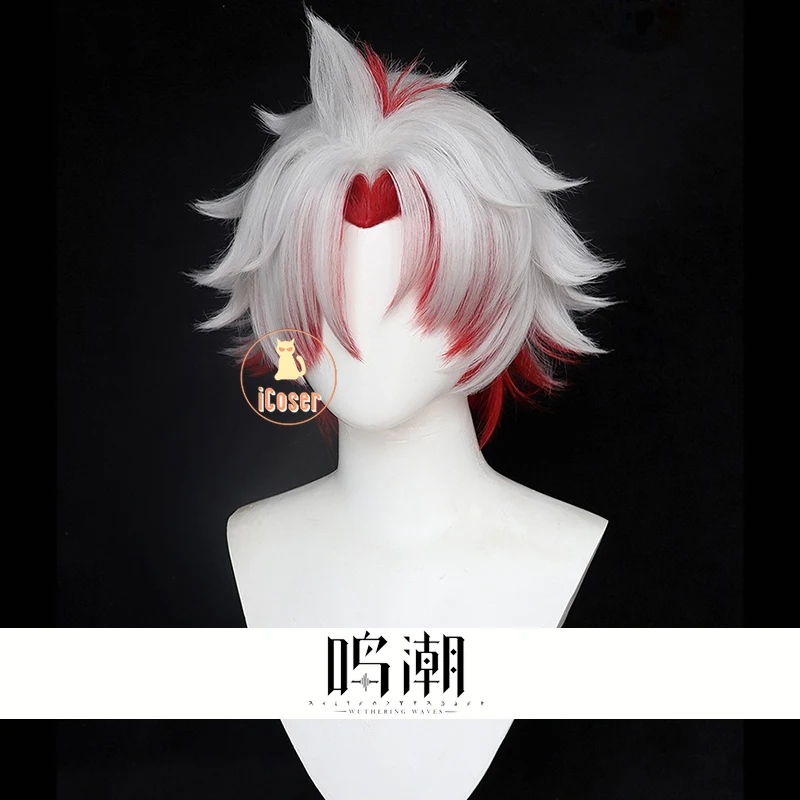 Wuthering Waves Scar Cosplay Wig 30cm Red White Short Hair Fractsidus Overseer Member Huanglong NPC Halloween Party Women Men