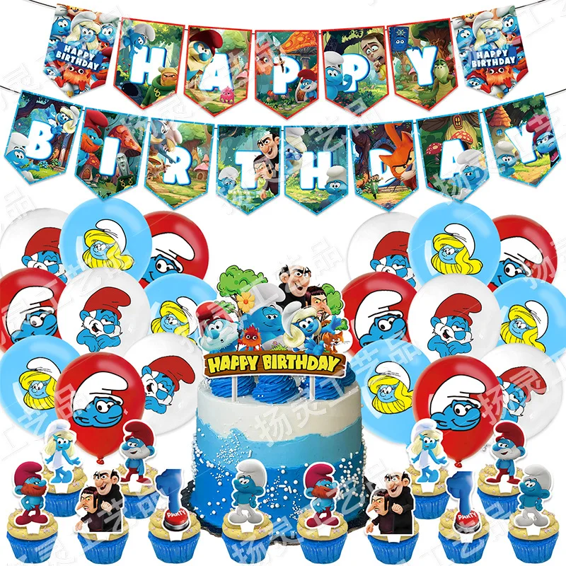 

Smurfs Birthday Party Decorations Banner Cake Topper Balloons DIY Decor