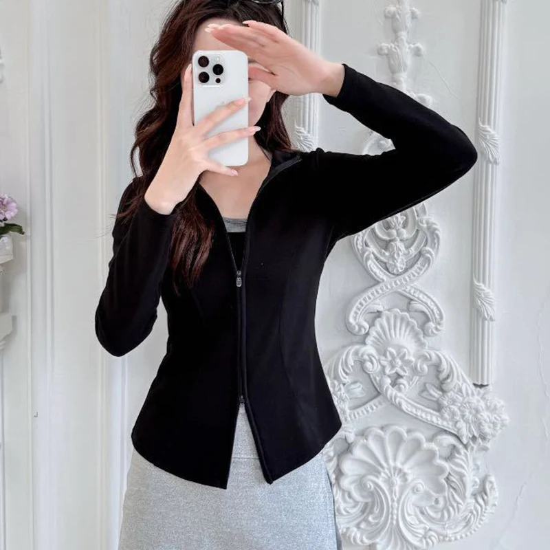 أنيقة سليم صالح سستة حتى السترات المرأة الكورية الأزياء الوقوف كولور كم طويل المحاصيل قمم امرأة الصلبة ضيق اليوغا معاطف قصيرة