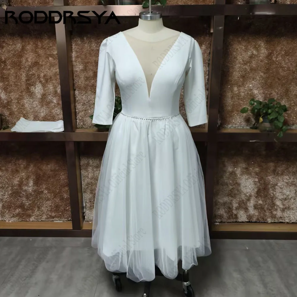 RODDRSYA Elegant Wedding Dresses For Bride Simple Ankle Length Bridal Gowns A-Line V-Neck 3/4 Sleeves Simple Short Robes Mariee