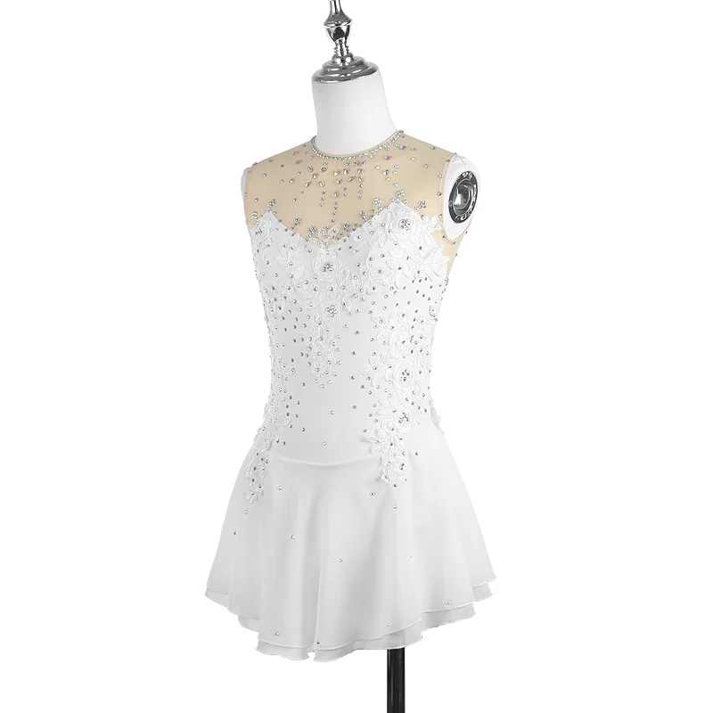 Zagitova Figure Skating Dress For Women Girls Ice Skating White Sleeveless Three-dimensional Flower Lace With Shiny Diamond