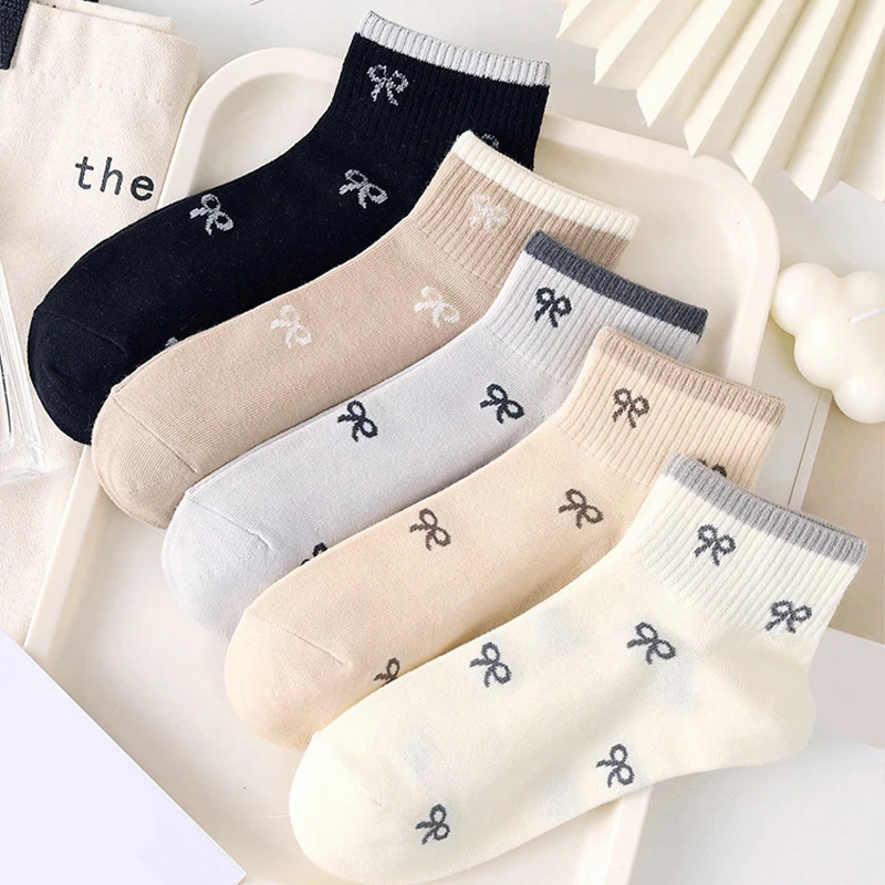 10 Pairs Mixed Ribbedmouth Bow Jacquard Short Socks with Soft Sweet Giving Splicing Color Suitable for Women's Casual Wearing