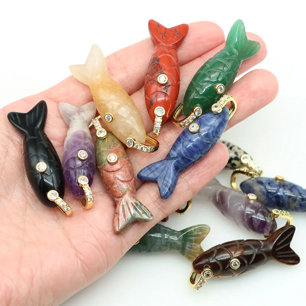 Fish Shape Pave White Zircon Charms Crystals Stones Natural Amethyst Rose Quartz Carved Gemstone for DIY Jewelry Accessory