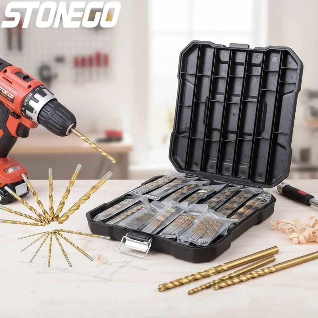 

STONEGO 99Pcs Titanium Coated HSS High-Speed Steel Twist Drill Bit Set Assortment Kit Heavy Duty Power Tool Accessories for Steel Plate Wood Plastic Metal Copper Alloy Aluminum Woodworking Metalworking and DIY Home Improvement Projects