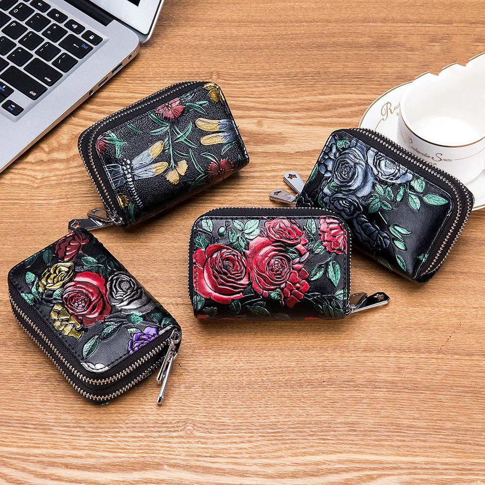 

Genuine Leather Floral Women's Wallet Fashion Zipper Credit Card Holder Purse Women Purses Card Holder Lady Coin Purses Bags