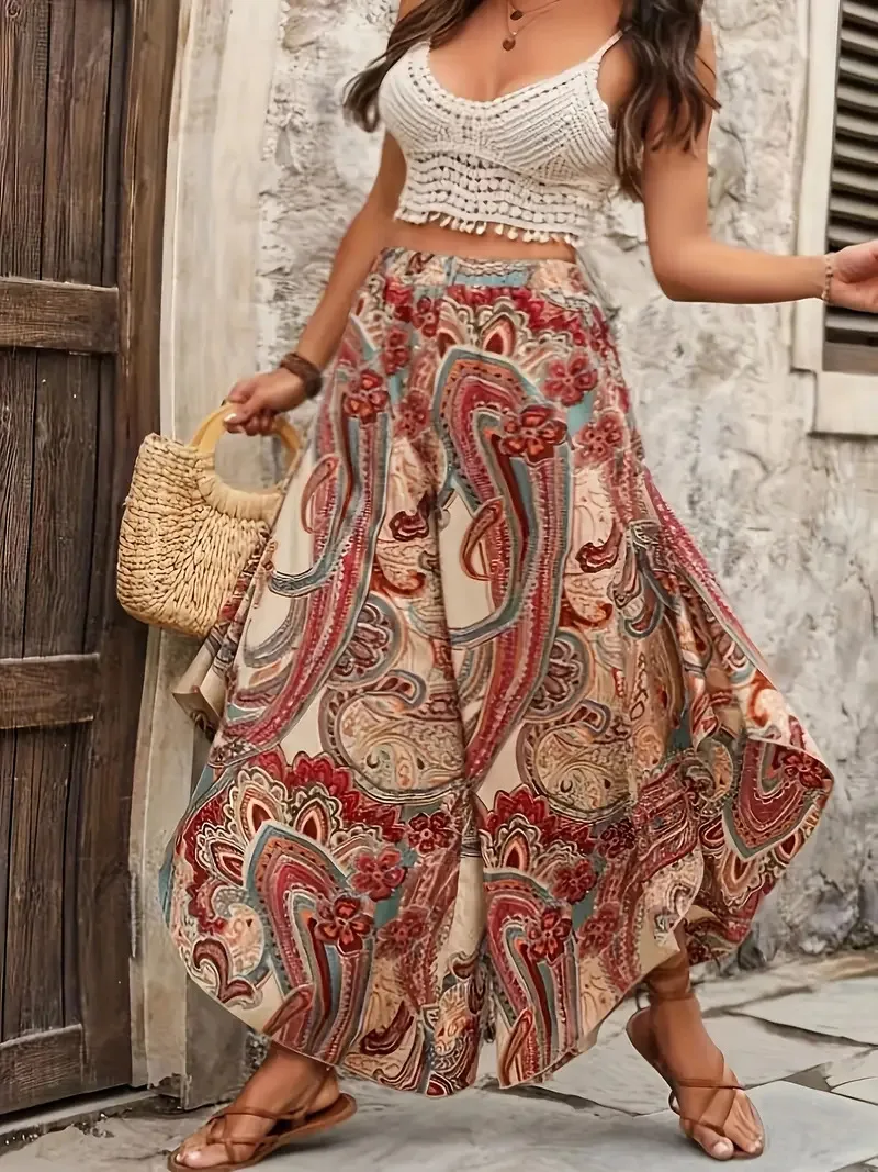 GIBSIE Plus Size Bohemian Paisley Print Culottes Women Pants Summer Beach Vacation Elastic Waist Casual Wide Leg Trousers