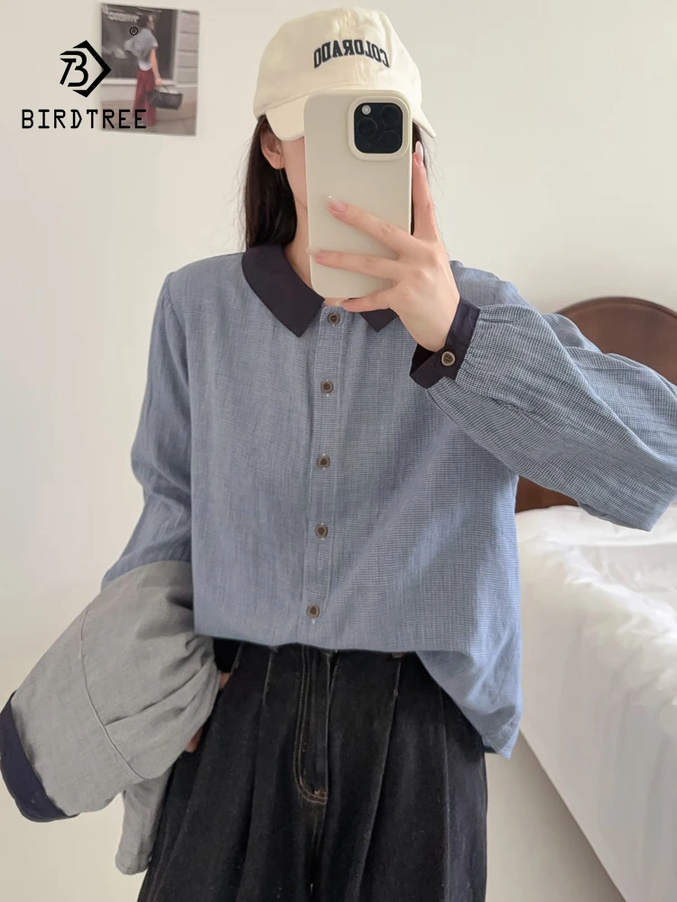 

Новинка 2025, осенняя рубашка с длинными рукавами из хлопковой пряжи, женская рубашка с отложным воротником «гусиные лапки», повседневная свободная блузка в стиле ретро Mori Girl T59623CC