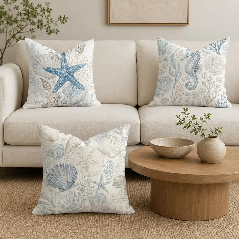 Retro marine creature Cushion Cover Organic Linen Throw Pillow Cover - Double-Sided Print Breathable Cushion Case Home Decor